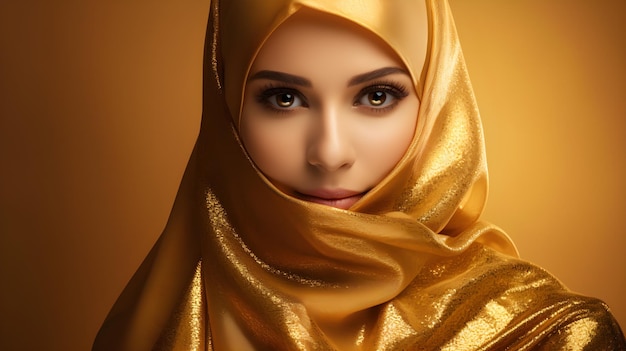 Portrait of young beautiful Muslim woman in hijab on gold background