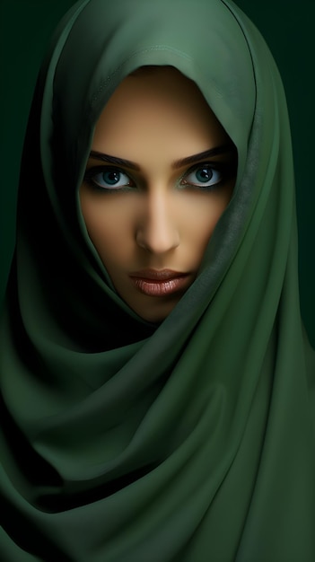 Portrait of young beautiful Muslim woman in hijab on green background