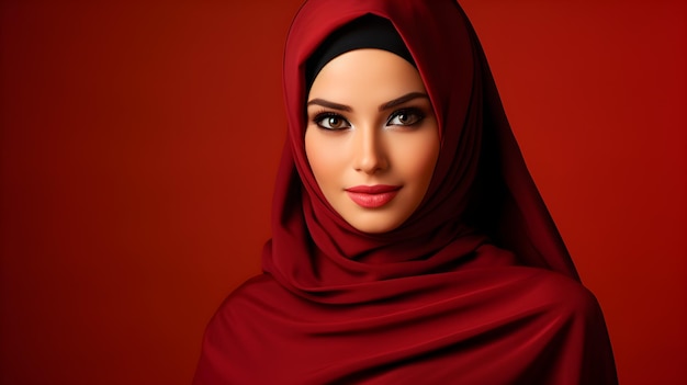 Portrait of young beautiful Muslim woman in hijab on red background