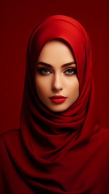 Portrait of young beautiful Muslim woman in hijab on red background