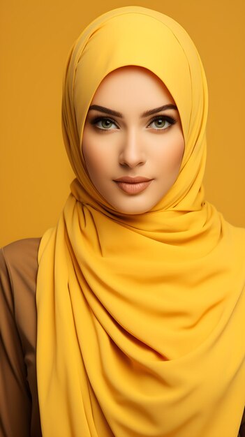 Portrait of young beautiful Muslim woman in hijab on yellow background