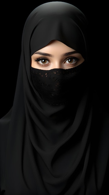 Portrait of young beautiful Muslim woman in niqab on black background