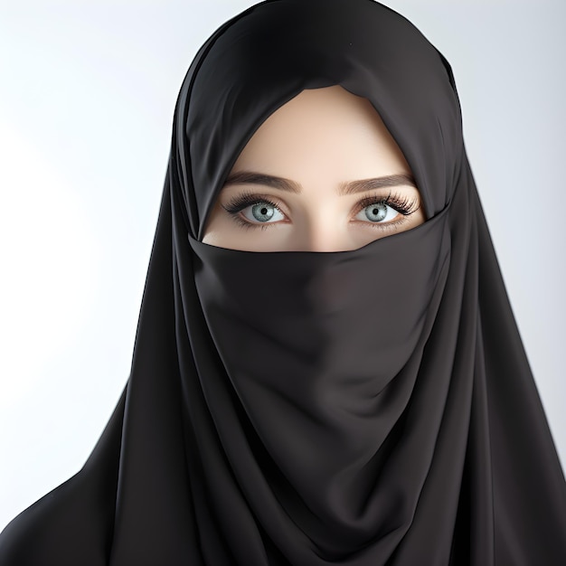 Portrait of young beautiful Muslim woman in niqab on white background