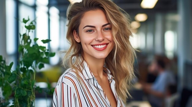 Portrait of young Beautiful positive woman with stylish hair Businesswoman looks at the camera and smiles Copy space Office background Ai generative