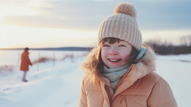 Portrait of a young beautiful smiling and happy child girl with Down syndrome against the backdrop