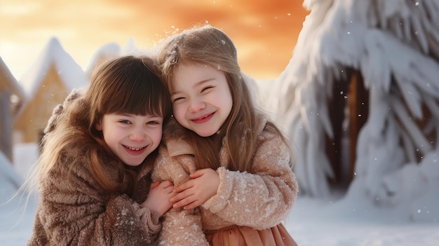 Portrait of Young beautiful smiling and happy girls friends with Down syndrome in jackets against