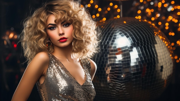 portrait of young beautiful woman in disco ball