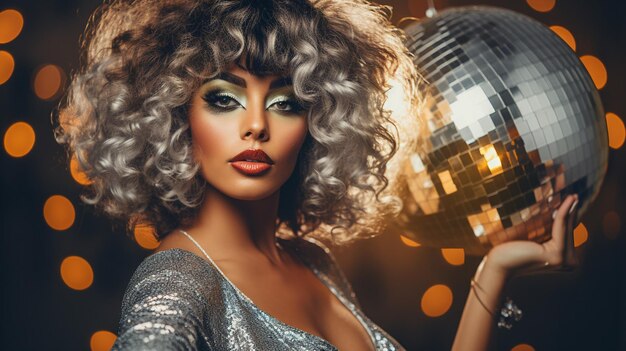 portrait of young beautiful woman in disco ball