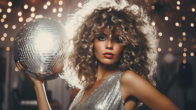 Photo portrait of young beautiful woman in disco ball