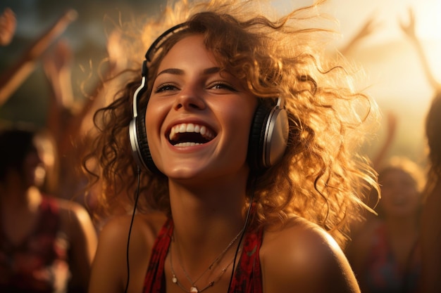 portrait of young beautiful woman in headphones listening to music