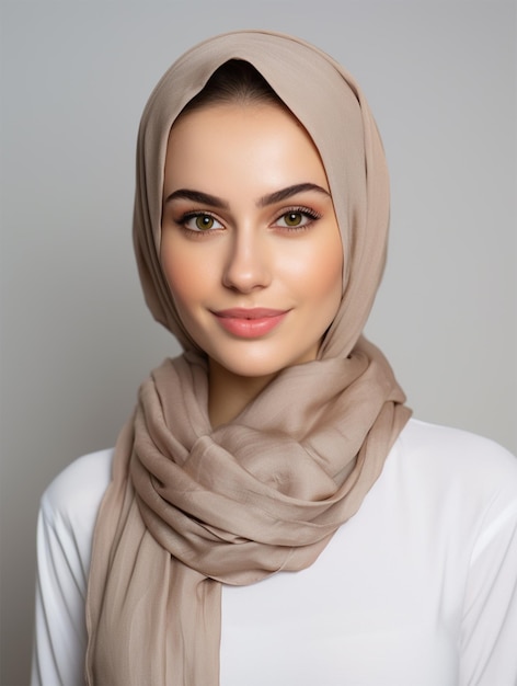 Портрет молодой красивой женщины в хиджабе с мягкой улыбкой