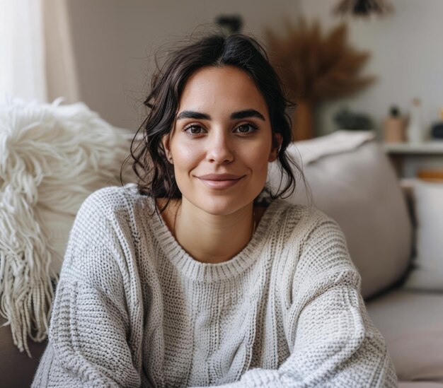 Portrait of a young beautiful woman at home wearing a cozy knitwear