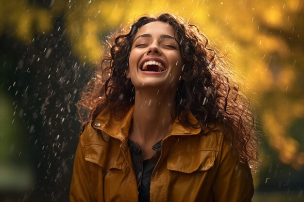 Portrait of young beautiful woman in the rain