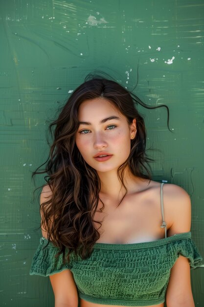 Portrait of young beautiful woman standing in front of the green wall