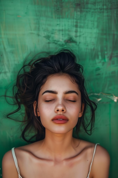 Portrait of young beautiful woman standing in front of the green wall