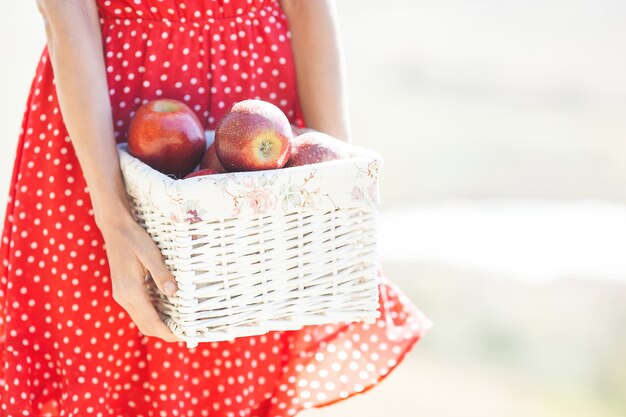 Portrait of young beautiful woman wearing straw hat in summer. Female with fresh apples on the nature.