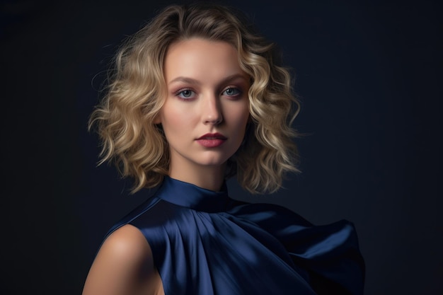 Portrait of a young beautiful woman with curly blonde hair wearing a navy blue satin blouse