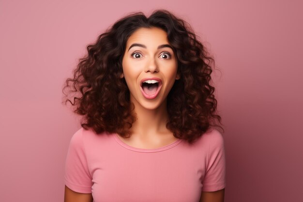 Foto ritratto di una giovane donna bellissima con i capelli ricci e scuri con la bocca spalancata e l'aspetto sorpreso