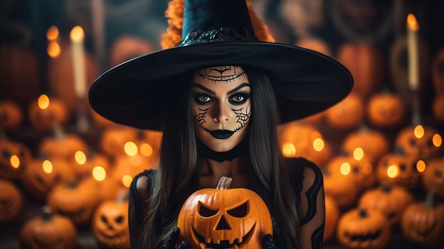 A portrait of a young beautiful woman with a Halloween pumpkin