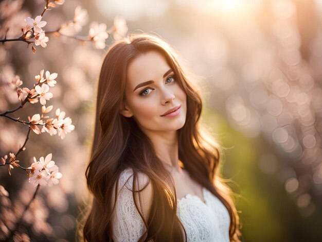 Portrait of a young beautiful woman with long brown hair Spring outdoor portrait