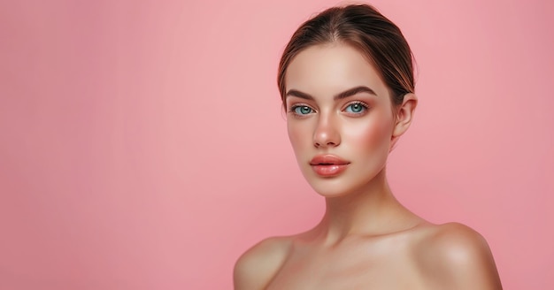 portrait of young beautiful woman with perfect smooth skin on pink background skincare and cosmetics concept with copy space for text