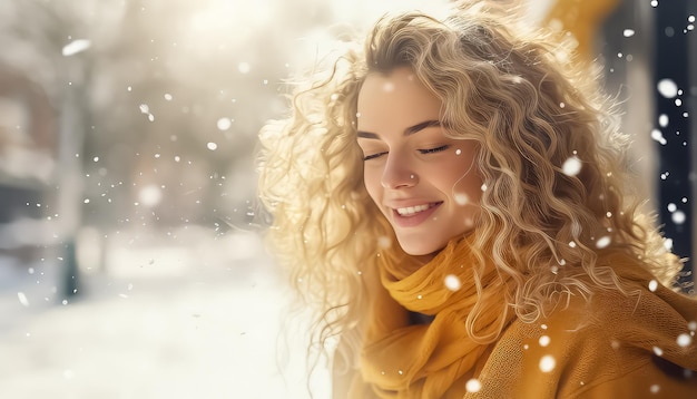 Portrait of a young beautiful woman with snow