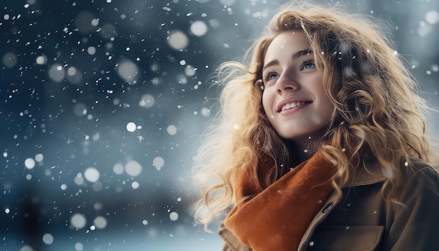 Portrait of a young beautiful woman with snow