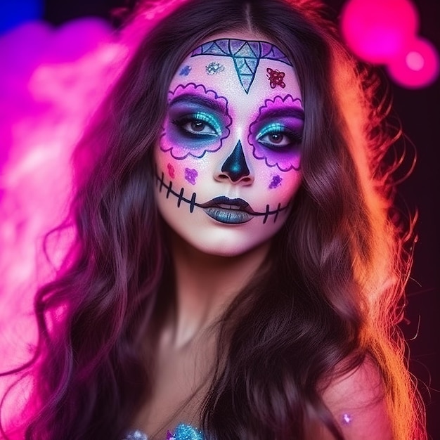 Portrait of a young beauty woman with sugar skull Halloween carnival party