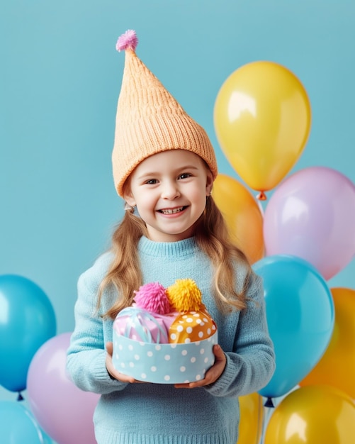 Portrait of young birthday girl in yellow blouse with tails and cap on a blue backgr Generative AI