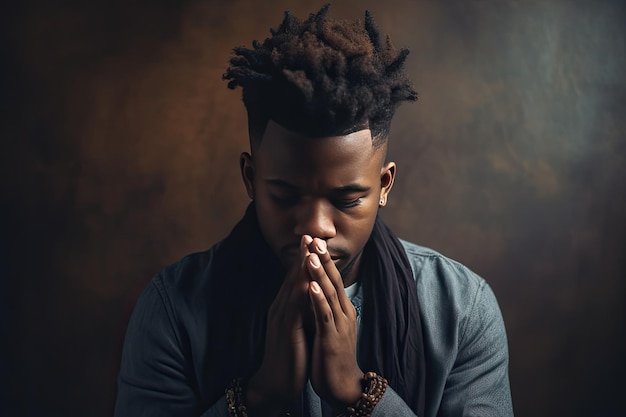 Portrait of a young black african man praying isolated on dark background high quality photo