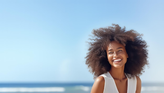 Portrait of a young black African woman in white on the beach