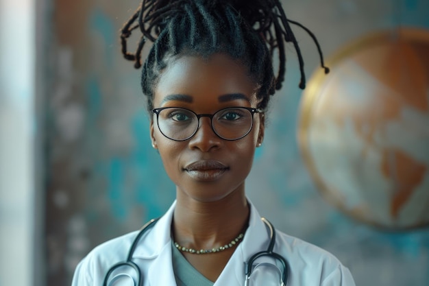 Photo portrait of young black female doctor with stethoscope and glasses