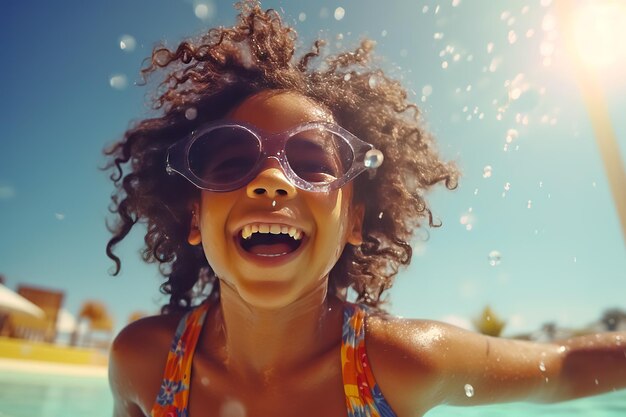 Photo portrait of young black kid girl in sunglasses splashing around in an outdoor pool generative ai