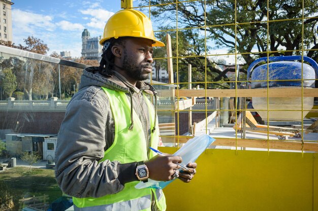 portrait of young black man engineer standing outdoors holding a folder and supervising copy space