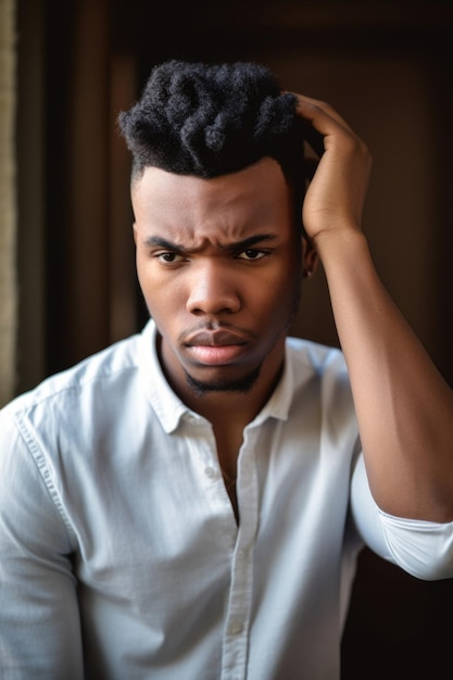 Portrait of a young black man looking stressed while standing indoors