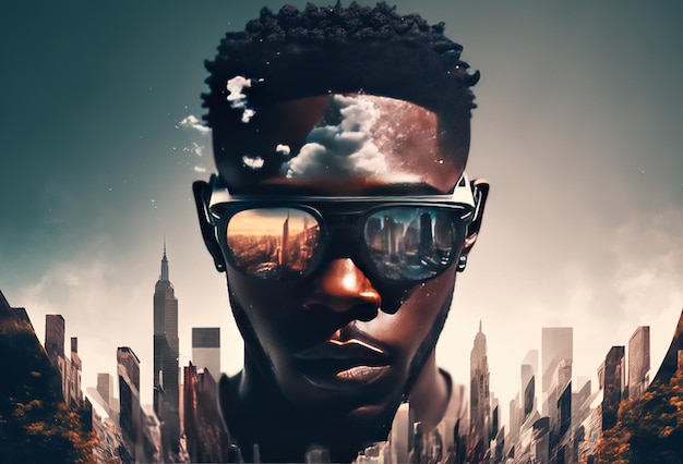 Portrait of a young black man with VR glasses immersed in virtual reality surreal abstract background Creative art and technology of the metverse 3D rendering AI generated