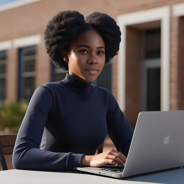 Portrait young black woman with laptop hands outside school