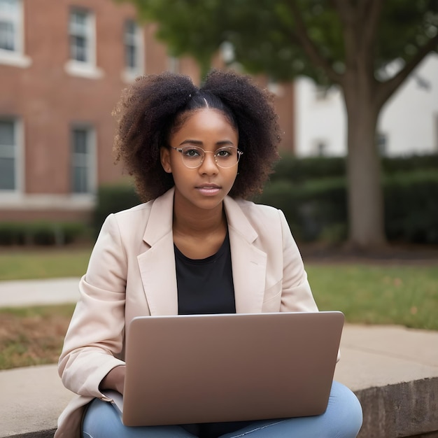 Photo portrait young black woman with laptop hands outside school