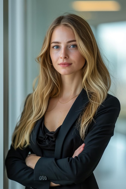 Photo portrait of a young blonde woman in a black suit