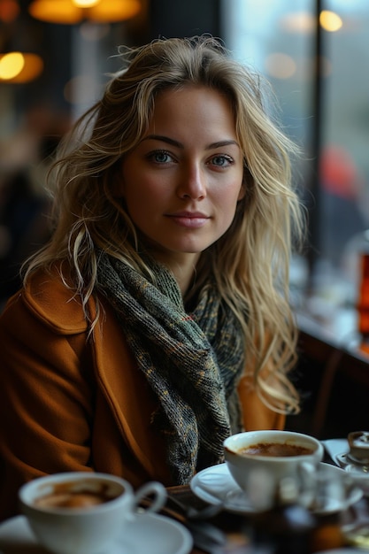 Portrait of a young blonde woman having lunch in a restaurant