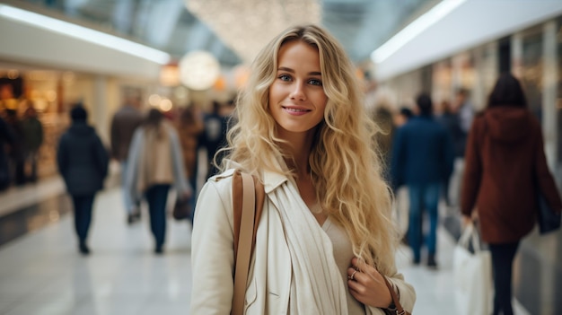 Portrait of a young blonde woman in a shopping mall