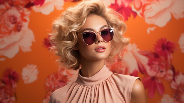 portrait of young blonde woman with curly hairstyle in sunglasses studio shot on pink background