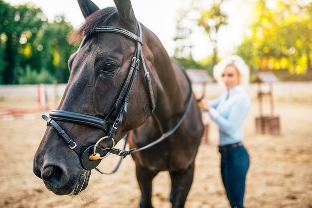 Portrait of young blonde woman with horse.