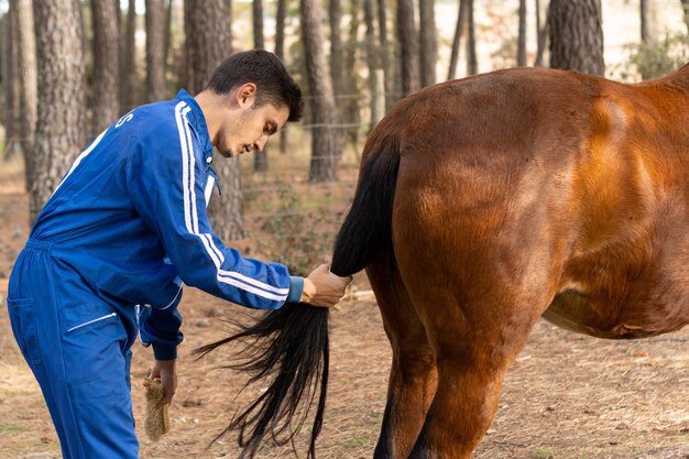 作業服を着て彼の農場で彼の馬の尻尾を磨く少年の肖像画。農業家畜と動物の世話の概念