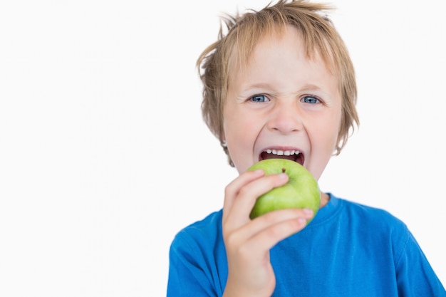 녹색 사과 먹는 어린 소년의 초상화