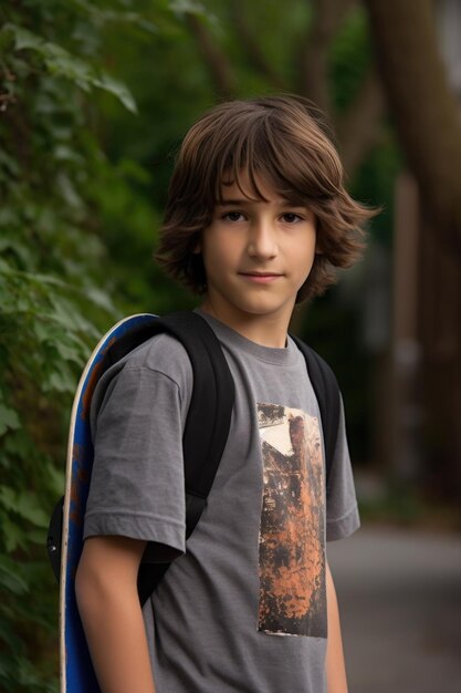 Photo portrait of a young boy holding his skateboard