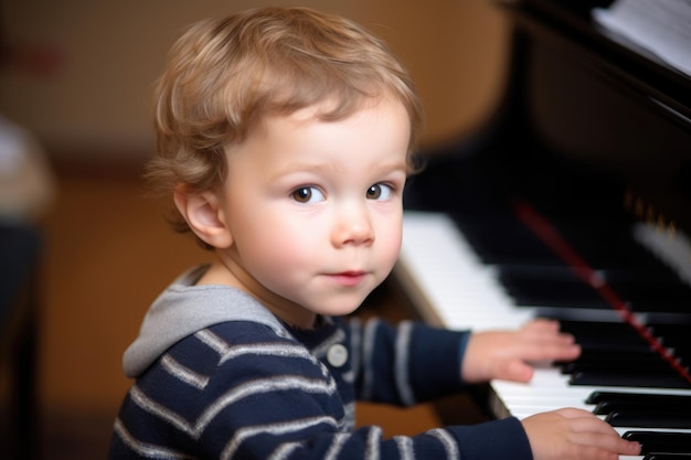 Foto ritratto di un ragazzino che suona il pianoforte in una classe di musica creata con l'ai generativa