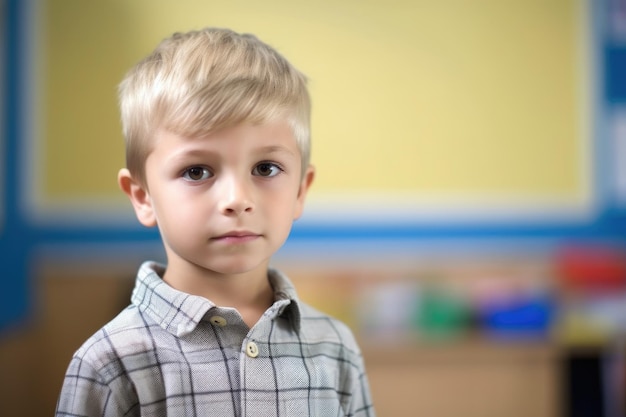 Portrait of a young boy standing in a classroom created with generative ai