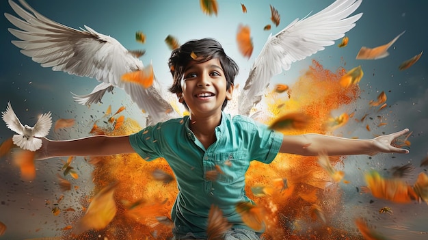 독립 기념일 축제를 축하하는 인도 국기를 든 어린 소년의 초상