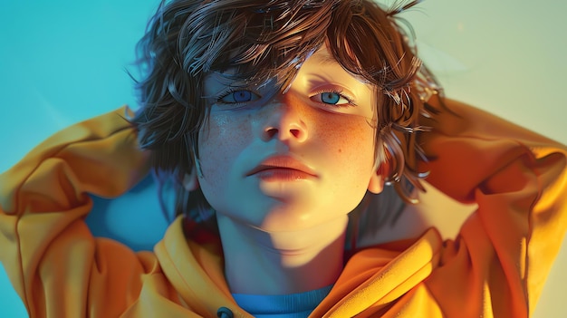 Photo portrait of a young boy with freckles and blue eyes he is wearing a yellow hoodie and looking at the camera with a thoughtful expression